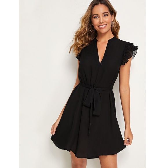 Ruffle Detail Belted V-Neck Black Mini Dress - Picture 5 of 8